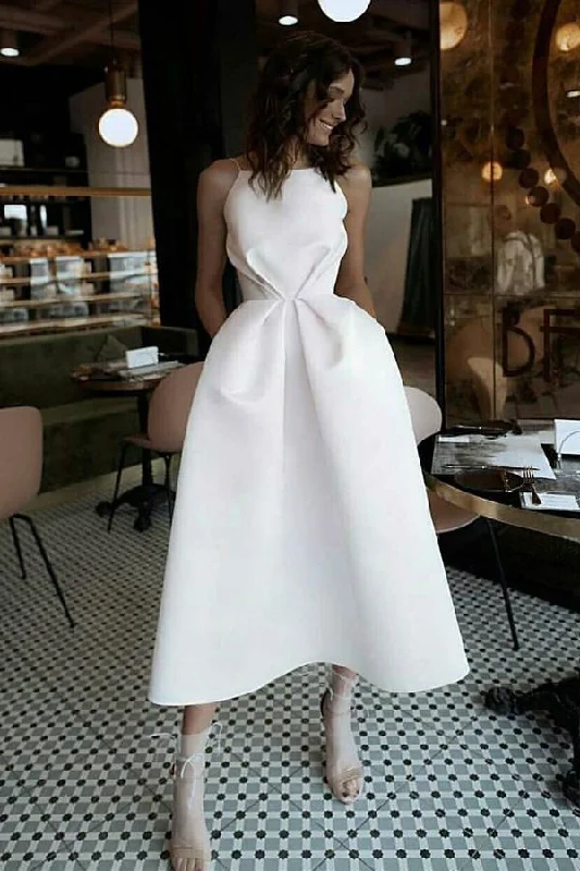 Spaghetti Straps White Prom Dress with Pockets Tea-Length Party Dress DML72 Pencil Length Work
