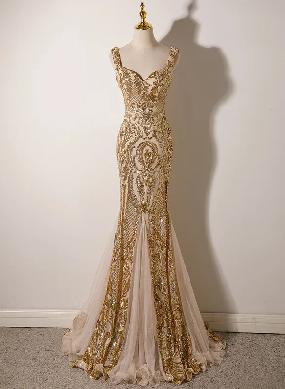 Champagne Mermaid Sequins Straps Long Party Dress, Champagne Prom Dress Tunics Long Elegant