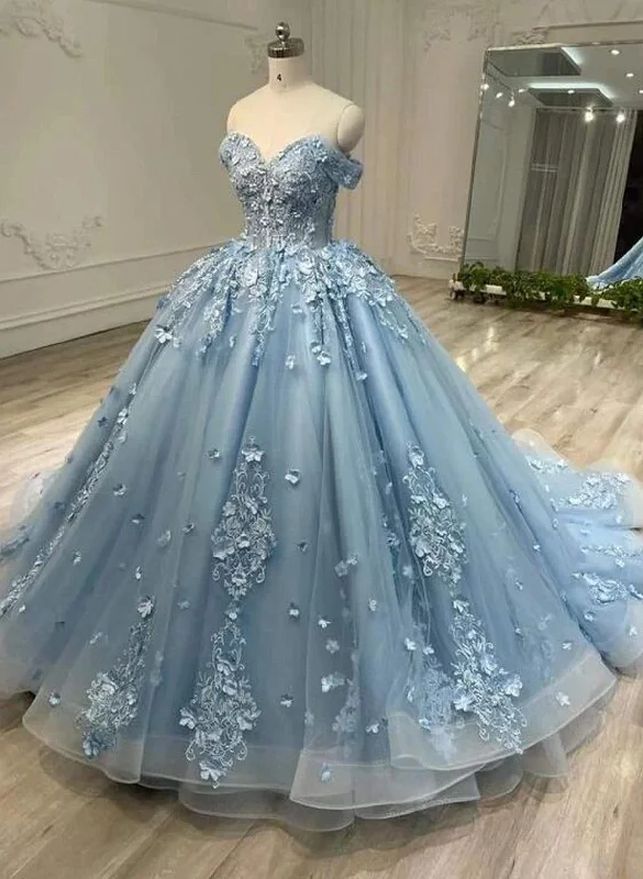 Blue Sweetheart Tulle with Lace Applique Off Shoulder Party Dress, Blue Sweet 16 Dress Tunics Mesh breathable