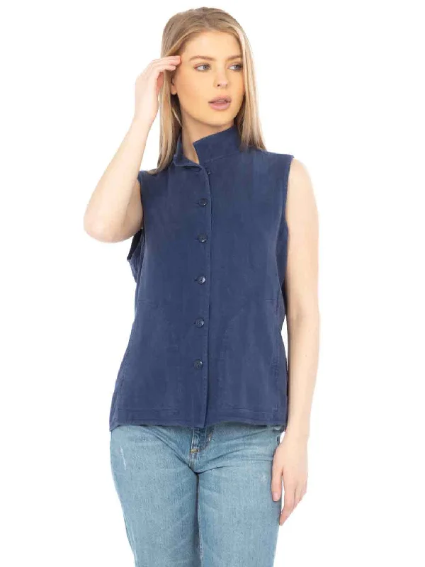 Tianello TENCEL™  Sleeveless "Oxford" Vest Jacket, Lined, & Side Pockets Stand-Up Collar Roll-Neck Collar Turtle Neck