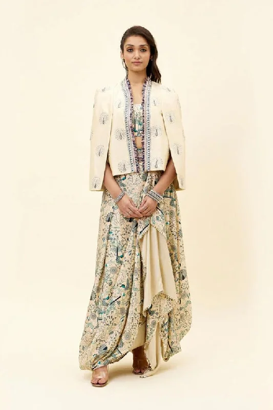 BEIGE MOR JAAL PRINT NUSRAT DRAPED SKIRT AND BUSTIER TEAMED WITH A SIGNATURE STRUCTURED CAPE JACKET Cotton Jacket Linen Jacket Terry Jacket