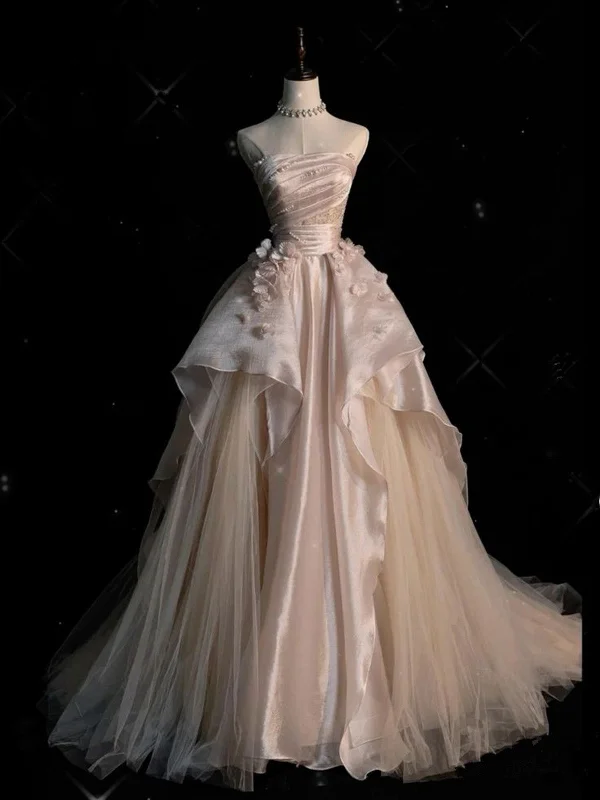 Lovely Pink Tulle and Satin Scoop Long Party Dress, Pink Tulle Evening Dress Tunics Bridal satin
