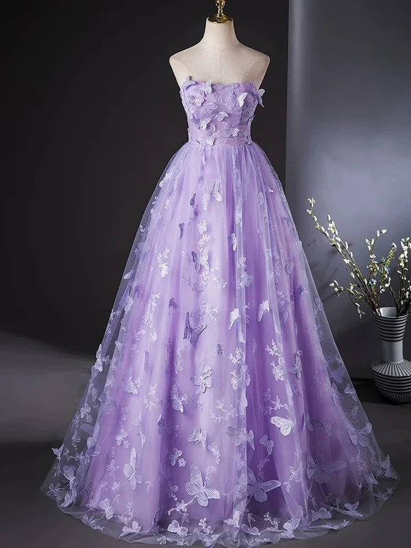 Purple Lace Strapless Floor Length Party Dress, Purple Lace Long Prom Dress Tunics Floral girly