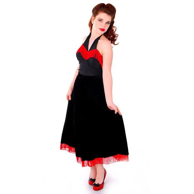 Vintage Black Velvet Full Skirt w Red Fringe Hem 1940s Small Modern Jr velvet skirt plush