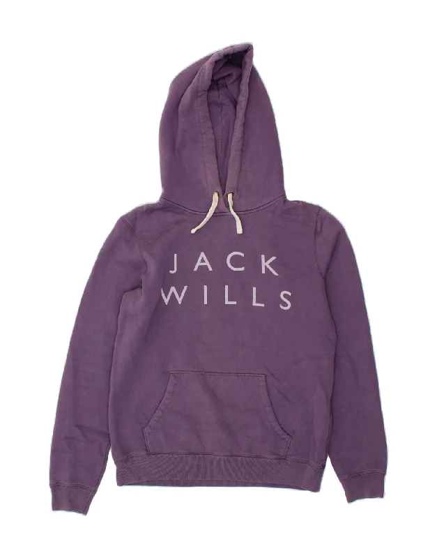 JACK WILLS Womens Graphic Hoodie Jumper UK 14 Medium Purple Cotton Hoodie with Hem Applique Textured Unique