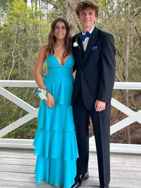 A-line Light Blue Chiffon V-neckline Floor Length Party Dress, Chiffon Long Prom Dress Tunics Cozy comfortable