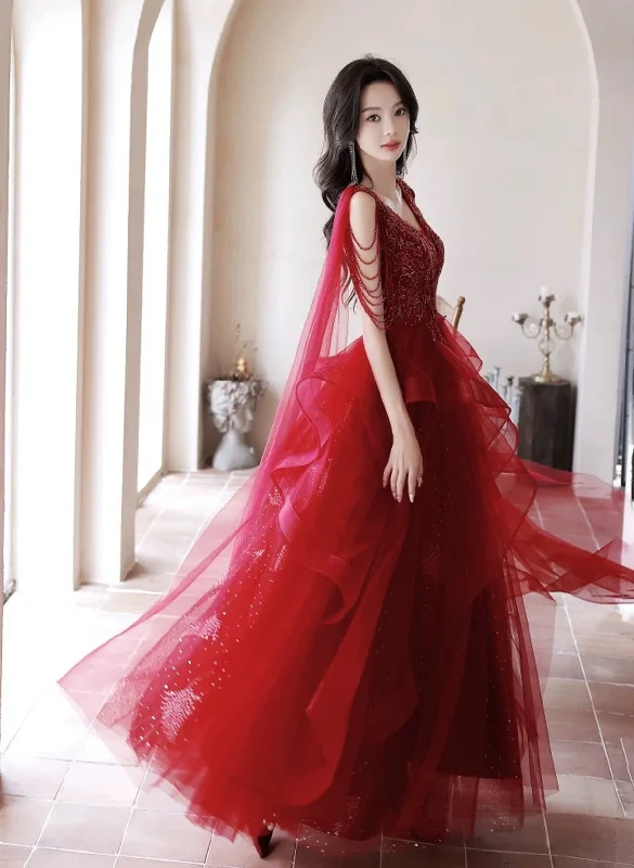 Chic V-neckline Tulle Floor Length Party Dress, Wine Red Tulle Prom Dress Tunics Denim casual