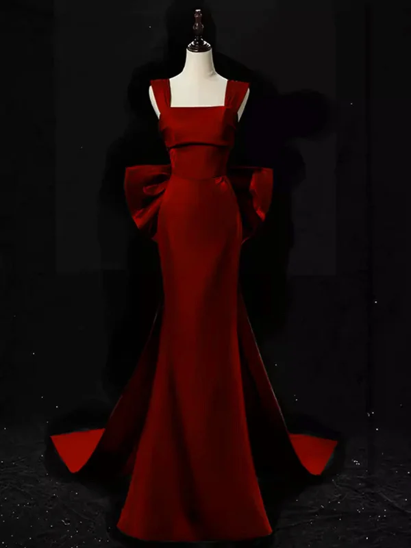 Wine Red Satin Straps Mermaid Long Party Dress with Bow, Wine Red Prom Dress Tunics Prom sequined