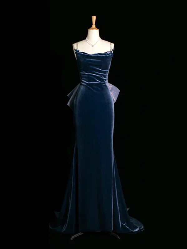 Navy Blue Mermaid Backless Long Prom Dress with Bow, Navy Blue Party Dress Shift Classic Vintage
