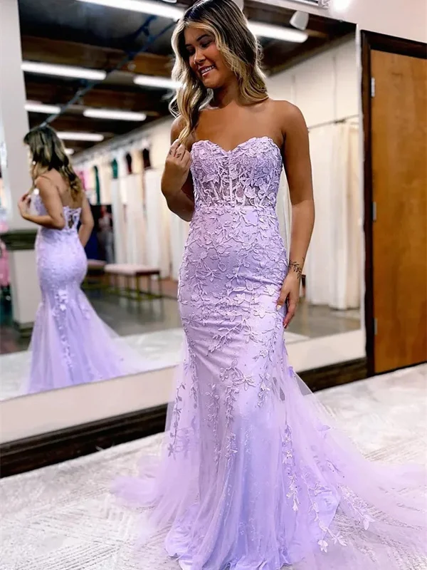 Light Purple Mermaid Sweetheart Neck Lace Long Prom Dress, Light Purple Party Dress Tunics Plaid country