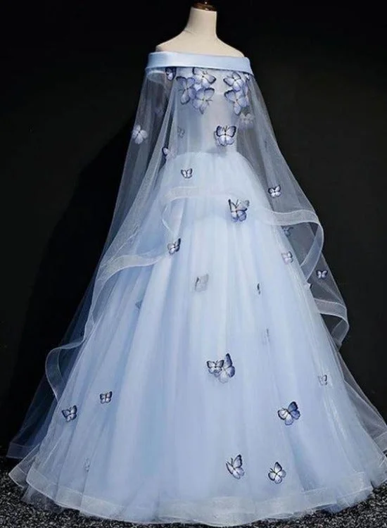Beautiful Light Blue Ball Gown Lace-up Party Dress, Blue Prom Dress Tunics Fall fleece