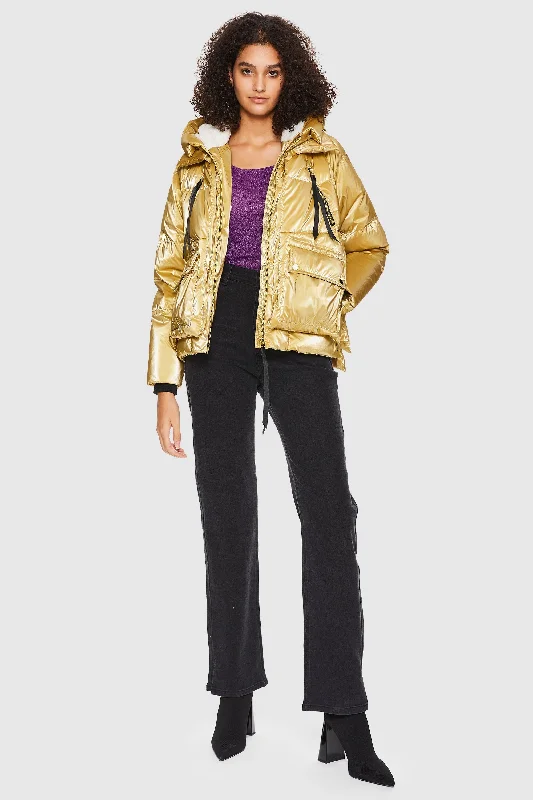 092 Cosmos Cropped Crome Down Jacket A-Line Jacket Boat Neck Shawl Collar