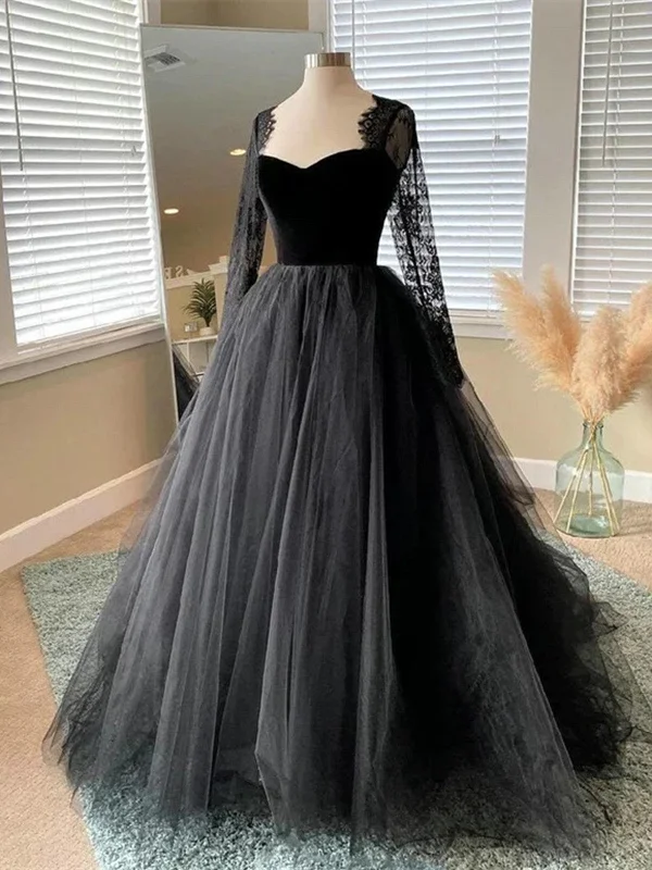 Black A-line Long Lace Sleeves Tulle Formal Dress, Black Prom Dress Party Dress Tunics Cozy soft
