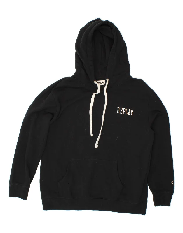 REPLAY Womens Graphic Hoodie Jumper UK 20 2XL Black Hoodie with Hem Embroidery Detailed Premium