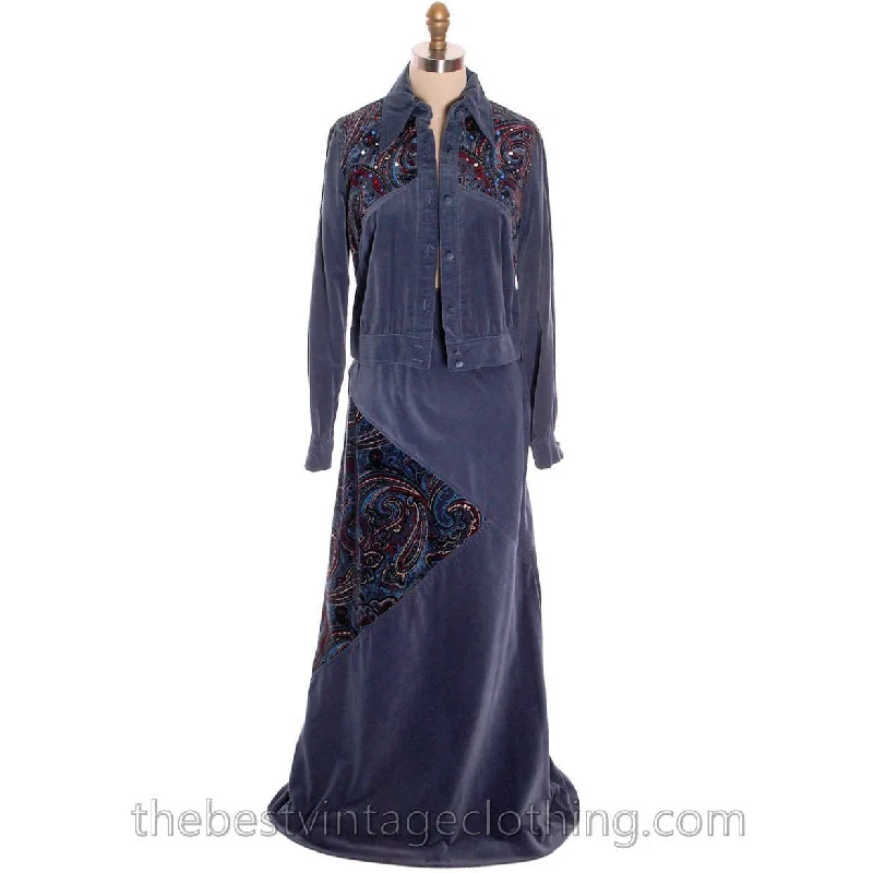 Vintage Maxi Skirt Suit Blue Velvet 1970s Lee Jordan Paisley Embellished 10 M silk skirt sleek