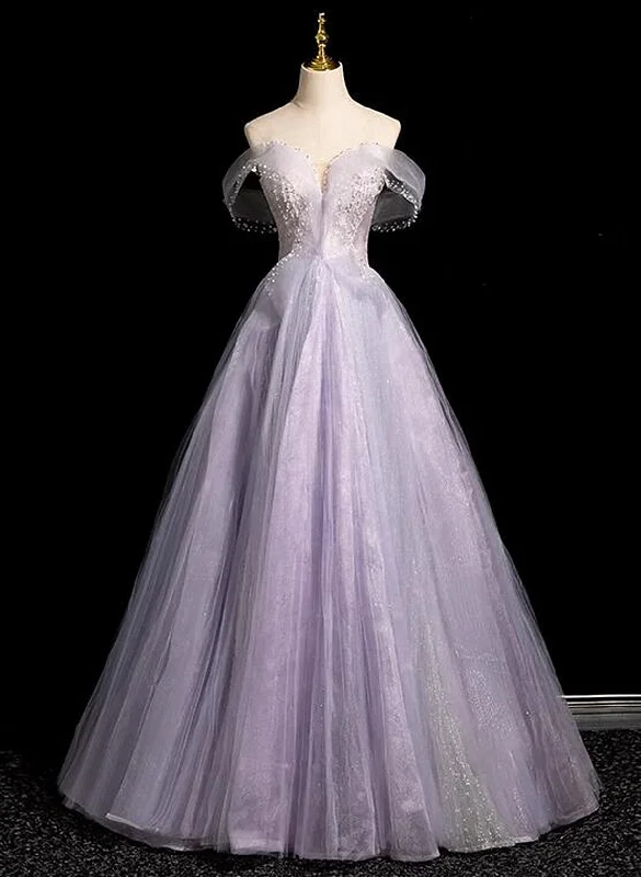 Light Purple Off Shoulder Tulle Long Party Dress, A-line Light Purple Prom Dress Tunics Solid Classic