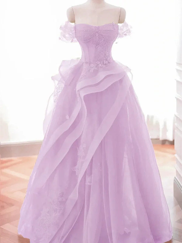 Pink Tulle Off Shoulder with Lace Long Party Dress, Pink Tulle Prom Dress High-Low Hemline Casual