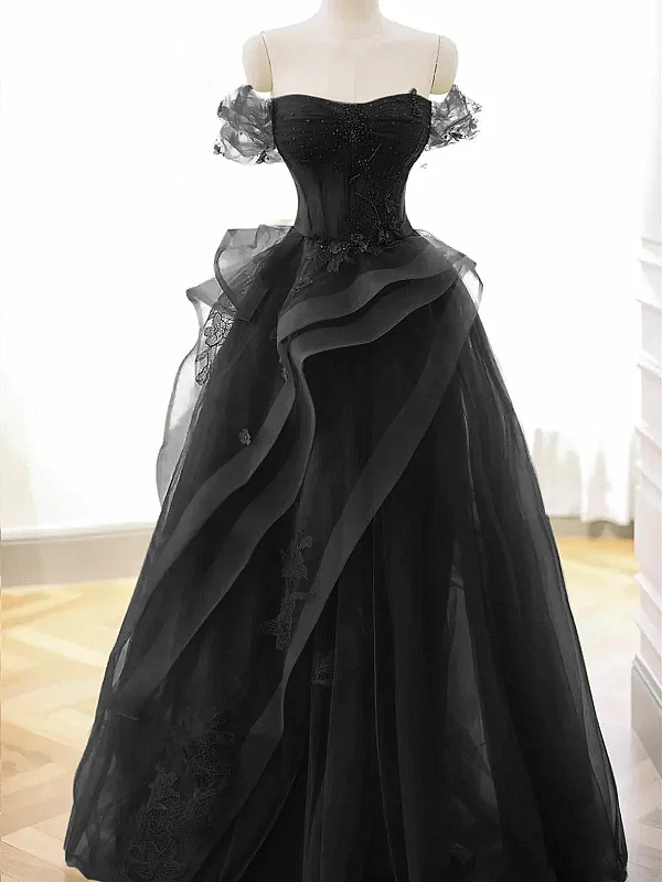 A-line Black Off Shoulder Tulle with Lace Party Dress, Black Tulle Prom Dress Tunics Practical easy-care