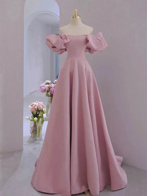 Pink Satin A-line Floor Length Party Dress, Pink Satin Short Sleeves Prom Dress High-Low Hemline Casual