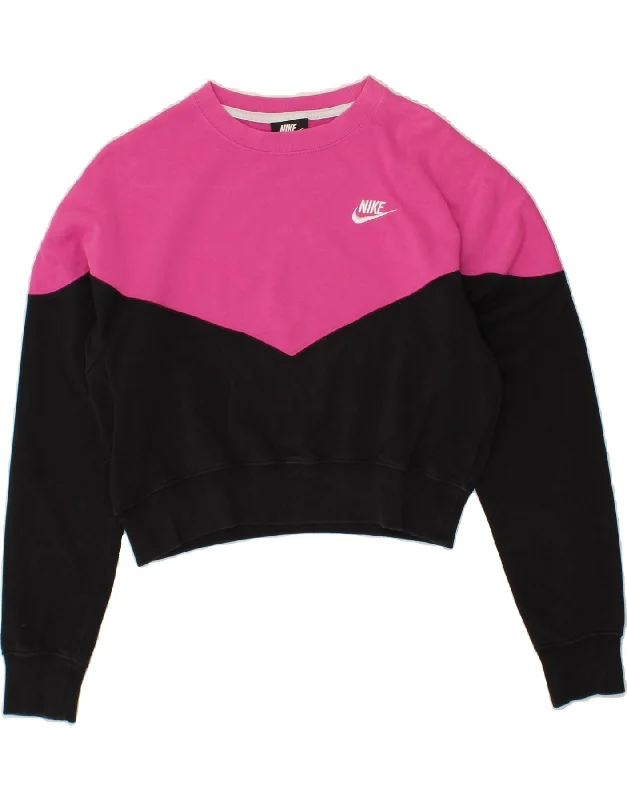NIKE Womens Crop Sweatshirt Jumper UK 14 Medium Pink Colourblock Cotton Hoodie with Typography Text Message