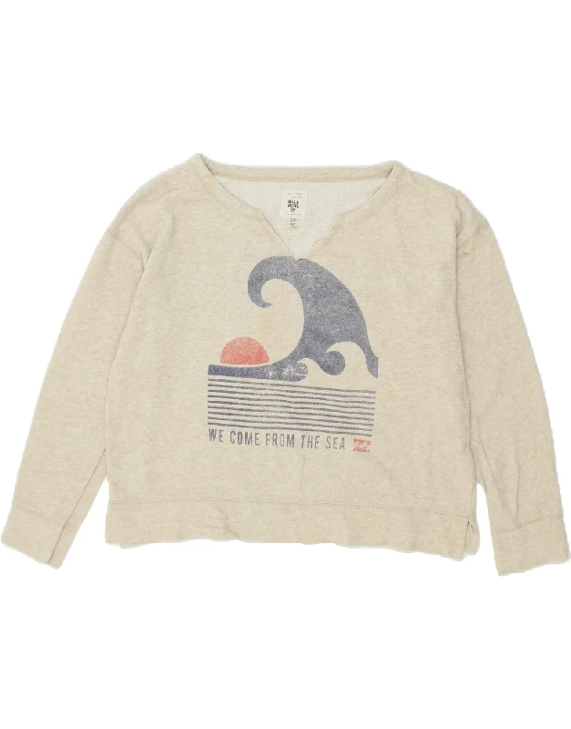 BILLABONG Womens Oversized Graphic Sweatshirt Jumper UK 16 Large Beige Hoodie with Hem Applique Textured Unique