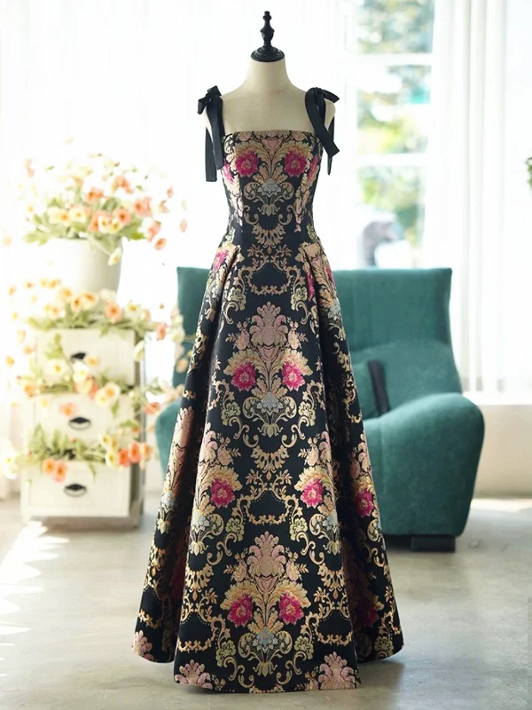 Black A-line Satin Straps Long Party Dress, Black Floral Satin Prom Dress Tunics Sophisticated sleek