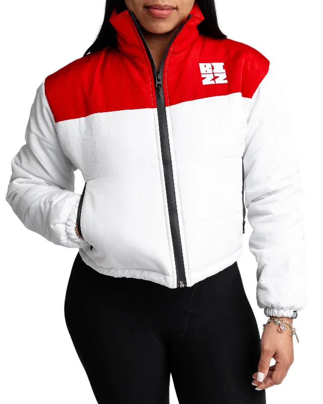 Women Club Puffer Jacket in White/Red Zippered Jacket Buttoned Jacket Snapped Jacket