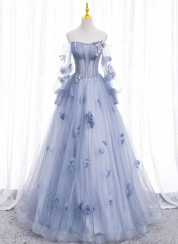 Light Blue Tulle Long Formal Dress Party Dress, Ball Gown Floral Sweet 16 Dress Tunics Recommended stylist