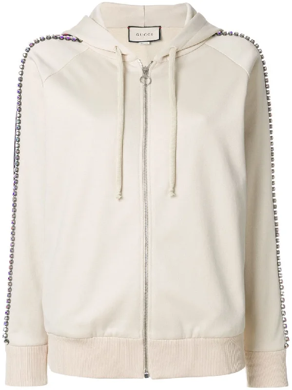 Cream Crystal Stripe Zipped Sweatshirt Hoodie with Illustration Artistic Creative
