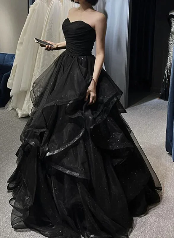 Black Sweetheart Tulle Long Evening Gown, Black Party Dress Prom Dress Tunics Running lightweight