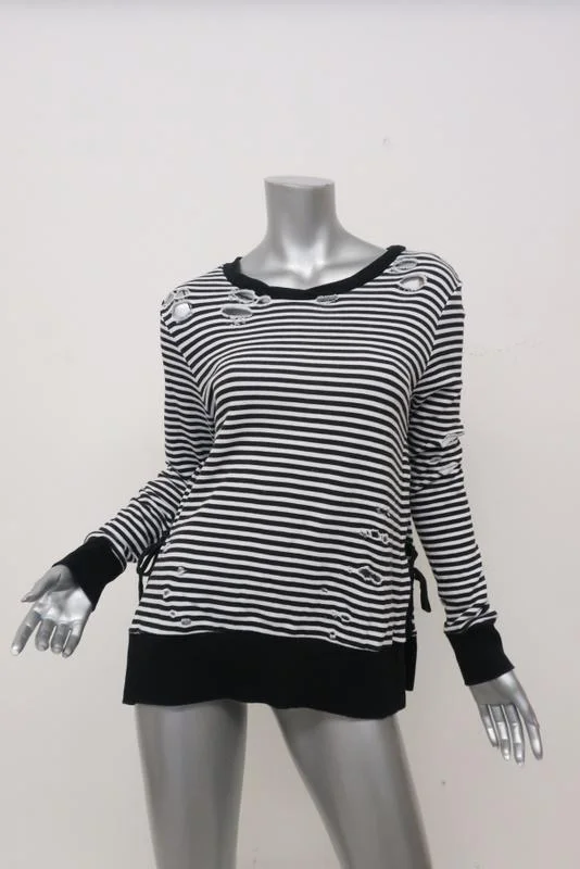 Pam & Gela Side Slit Sweatshirt Black/White Striped Destroyed Fleece Size Small Hoodie with Raw Hem Edgy Unfinished