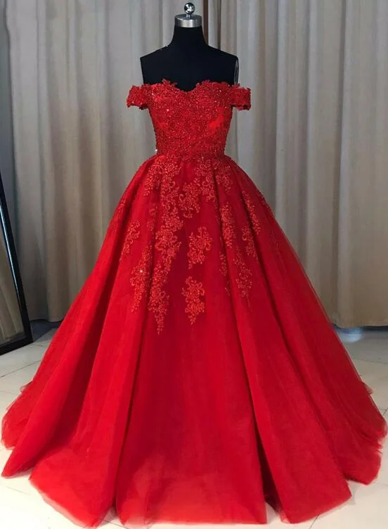 Gorgeous Red Tulle and Applique Off Shoulder Prom Dresses , Red Sweet 16 Gowns, Party Dresses Tunics Fall fleece
