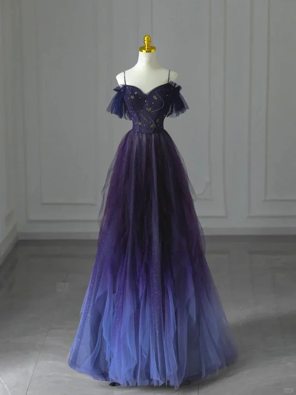 A-line Tulle Straps Gradient Sweetheart Party Dress, Beaded Long Prom Dress Turtleneck Neckline Stylish
