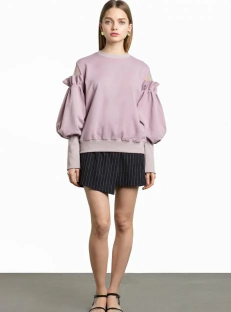 WOMEN CUTE LANTERN SLEEVE SWEATSHIRT CASUAL O-NECK Hoodie with Tied Waist Feminine Flattering