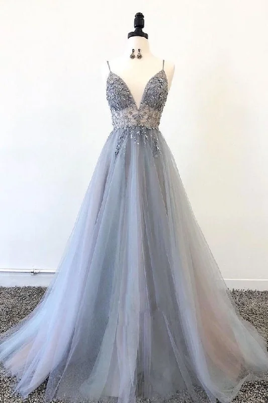 Gray Spaghetti Straps Beaded Tulle A Line Prom Dresses Evening Party Dress DMS52 Tunics Luxurious high-end