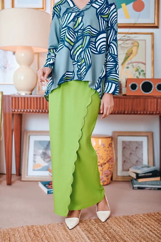 The Narik Women Scallop Folded Skirt - Lime Green silk skirt lustrous