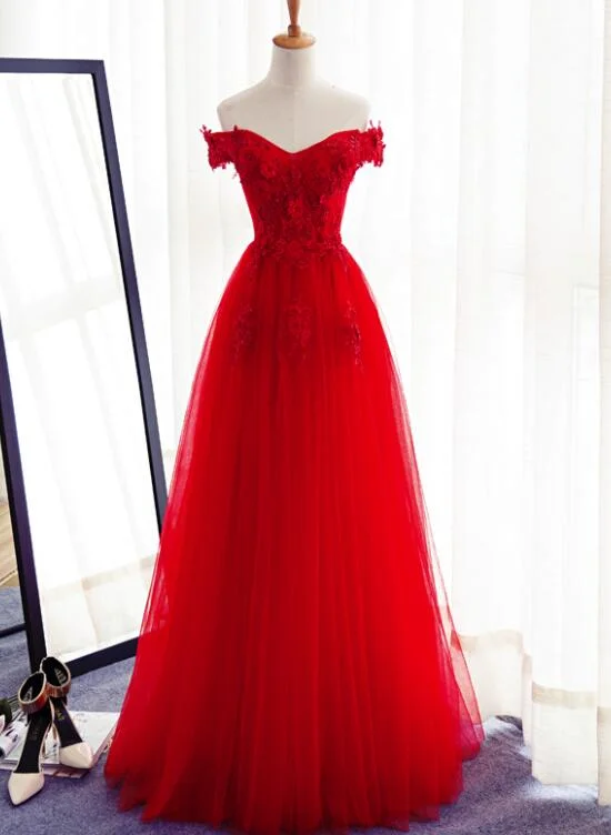 Red Tulle Floor Length Floral Prom Gowns, Red Prom Dress , Off Shoulder Party Dress Tunics Designer luxury