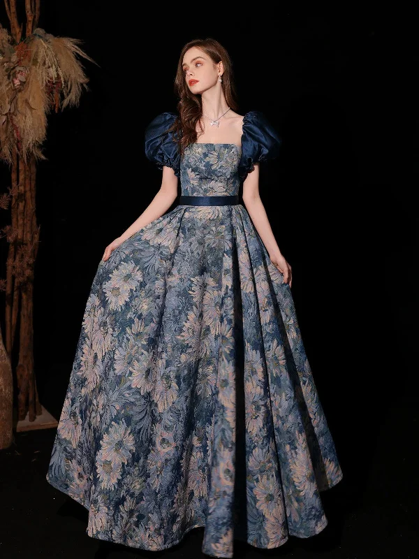 Lovely Blue Floral A-line Off Shoulder Party Dress, Blue Prom Dress Evening Dress Tunics Print Colorful