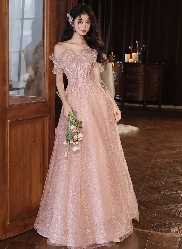 Cute Pink Tulle Sweetheart Off Shoulder Party Dress, Pink Tulle Long Prom Dress Tunics Leisure comfortable