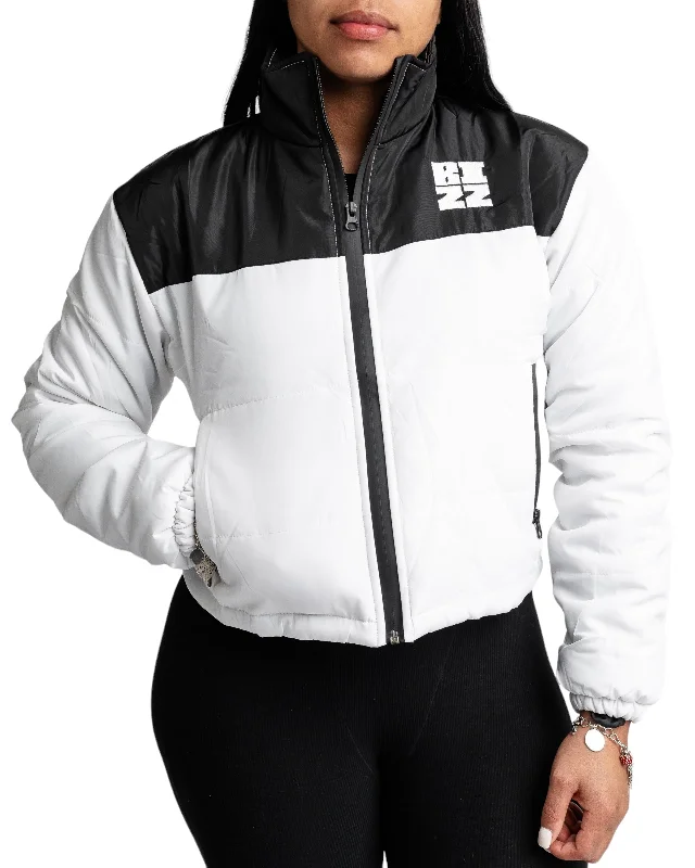 Women Club Puffer Jacket in White/Black Toggled Jacket Drawstring Jacket Belted Jacket