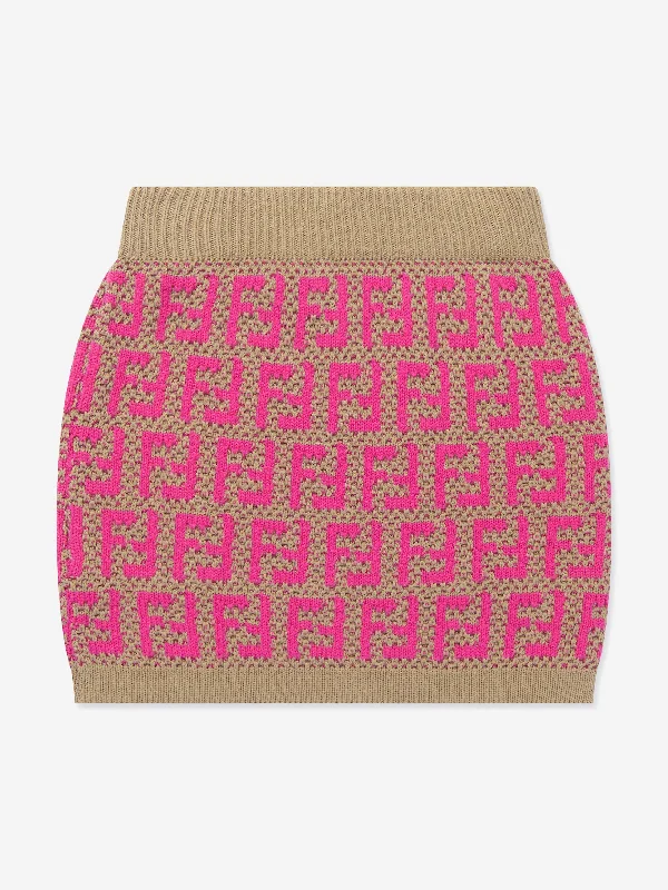 Fendi Girls Knitted FF Logo Skirt in Pink wool skirt warm
