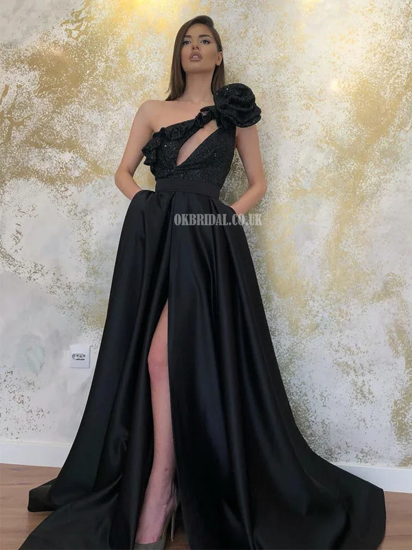 Gorgeous A-line Black Satin Slit Sequin One-shoulder Prom Dresses, FC6481 Tunics Luxurious premium