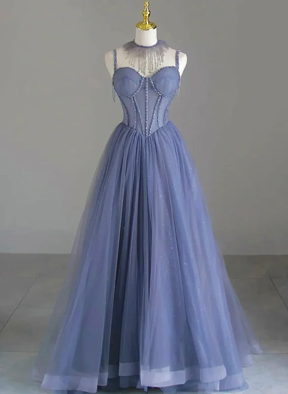 Blue Tulle Sweetheart Beaded Long Party Dress, A-line Blue Formal Dress Prom Dress Tunics Party sparkling