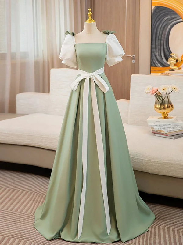 Green and White Satin Long Party Dress Prom Dress, Short Sleeves Formal Dress sweetheart Neckline Romantic