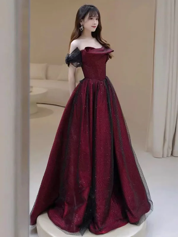 Black and Red A-line Strapless Party Dress, Off Shoulder Tulle Prom Dress Tunics Brand named