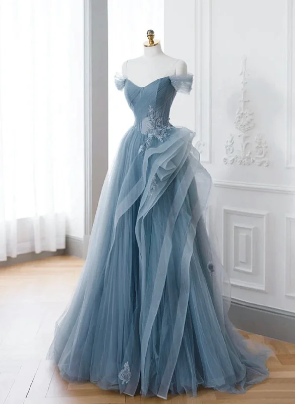 A-line Blue Tulle Long Party Dress with Lace, Off Shoulder Tulle Prom Dress Tunics Floral girly