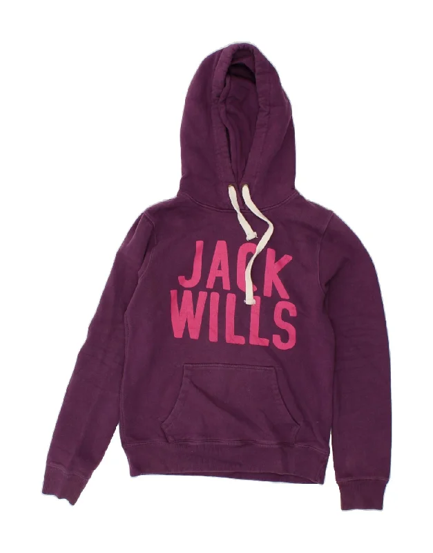 JACK WILLS Womens Graphic Hoodie Jumper UK 10 Small Purple Cotton Hoodie with Hem Drawcord Adjustable Customizable