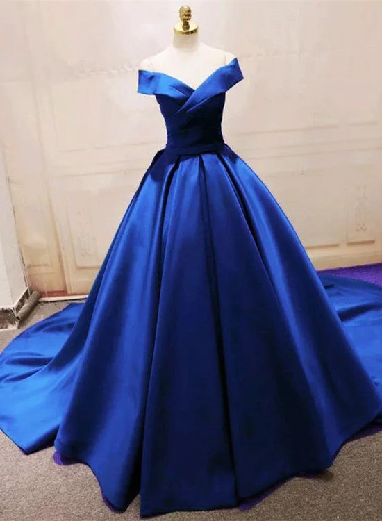 Gorgeous Royal Blue Long Off the Shoulder Gown, Blue Evening Party Dress Glittery Long Formal
