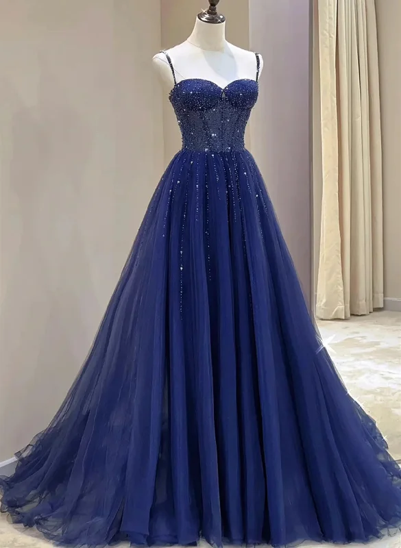 Blue Beaded Sweetheart Tulle A-line Prom Dress, Blue Long Party Dress Tunics Velvet soft