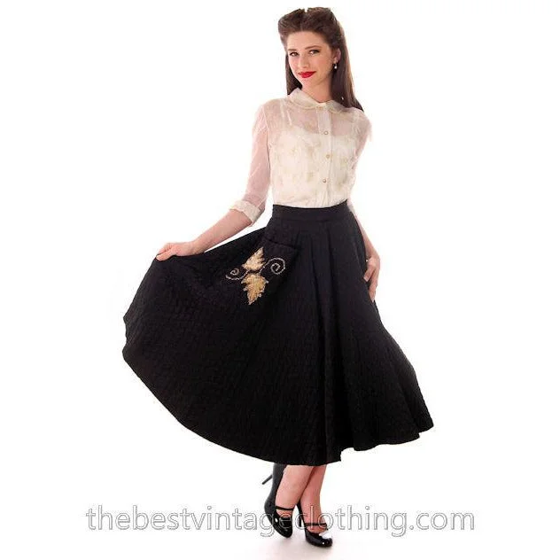 Vintage Quilted Circle Skirt Black Gold Glittery Leaf Motif Pocket 1940s 24 Waist wool skirt breathable